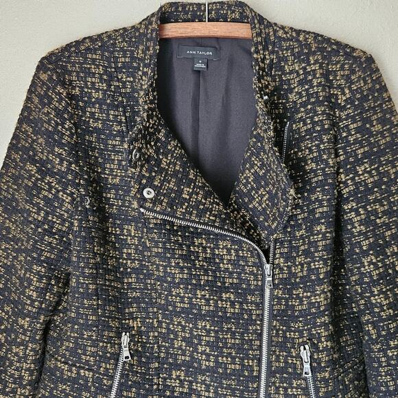 Tweed Moto Jacket Ann Taylor Green & Black Size 10 Business Casual Biker Style - Picture 6 of 10